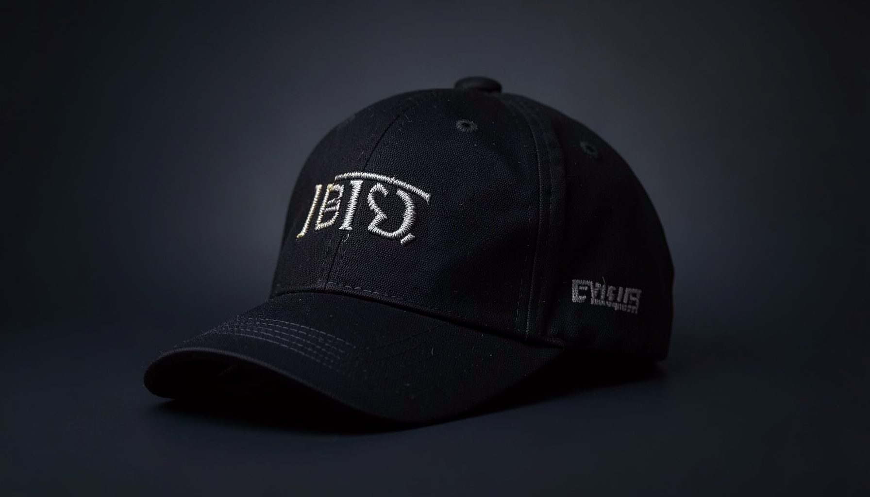 A black cap with embroidered branding, photographed on a dark gradient background