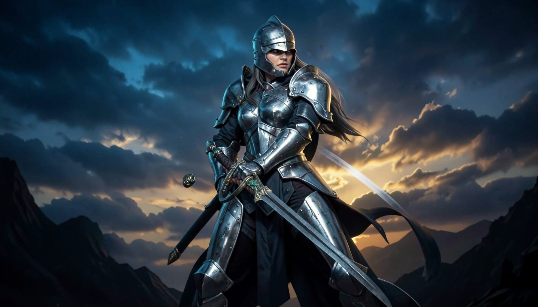 A dramatic fantasy wallpaper with a female knight in gleaming silver armor, holding a sword against a moody twilight sky in deep blues and warm golds