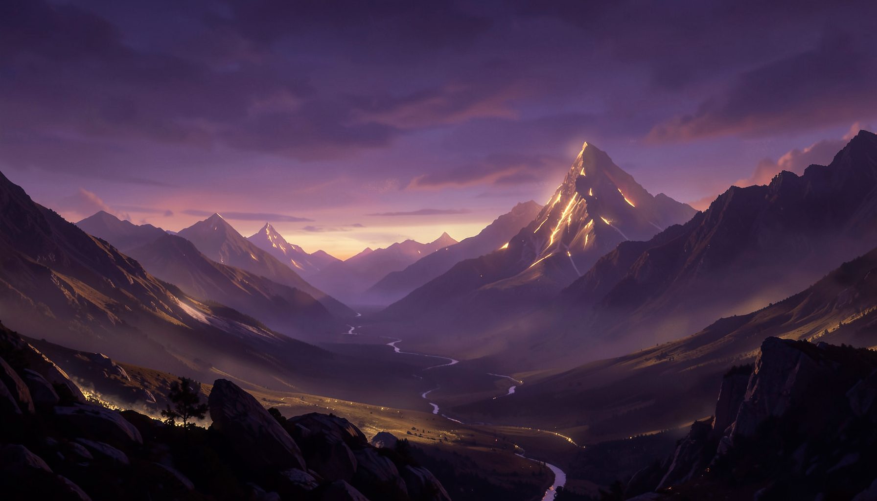 A dreamlike fantasy landscape in deep purple and gold hues with distant glowing mountains, calm and mysterious atmosphere