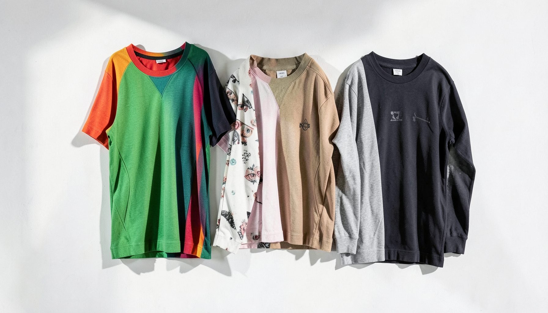 A mix of vibrant and monochrome apparel pieces displayed against a clean white wall, with strong shadows.