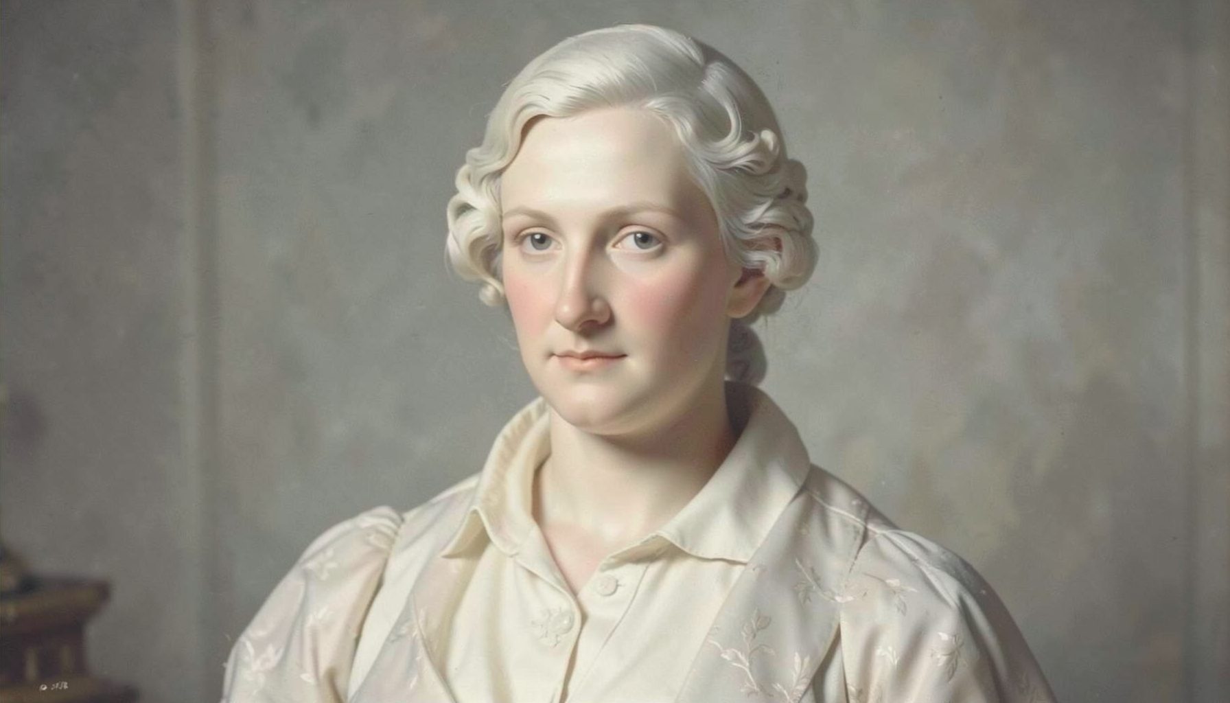 A refined classical portrait in muted ivory and soft grey tones, elegant and timeless in mood
