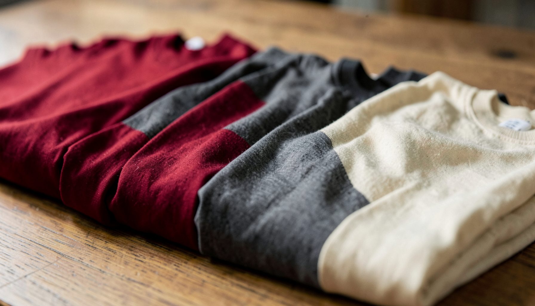 A row of folded t-shirts in deep red, charcoal, and cream tones on a wooden surface, softly lit from the side.