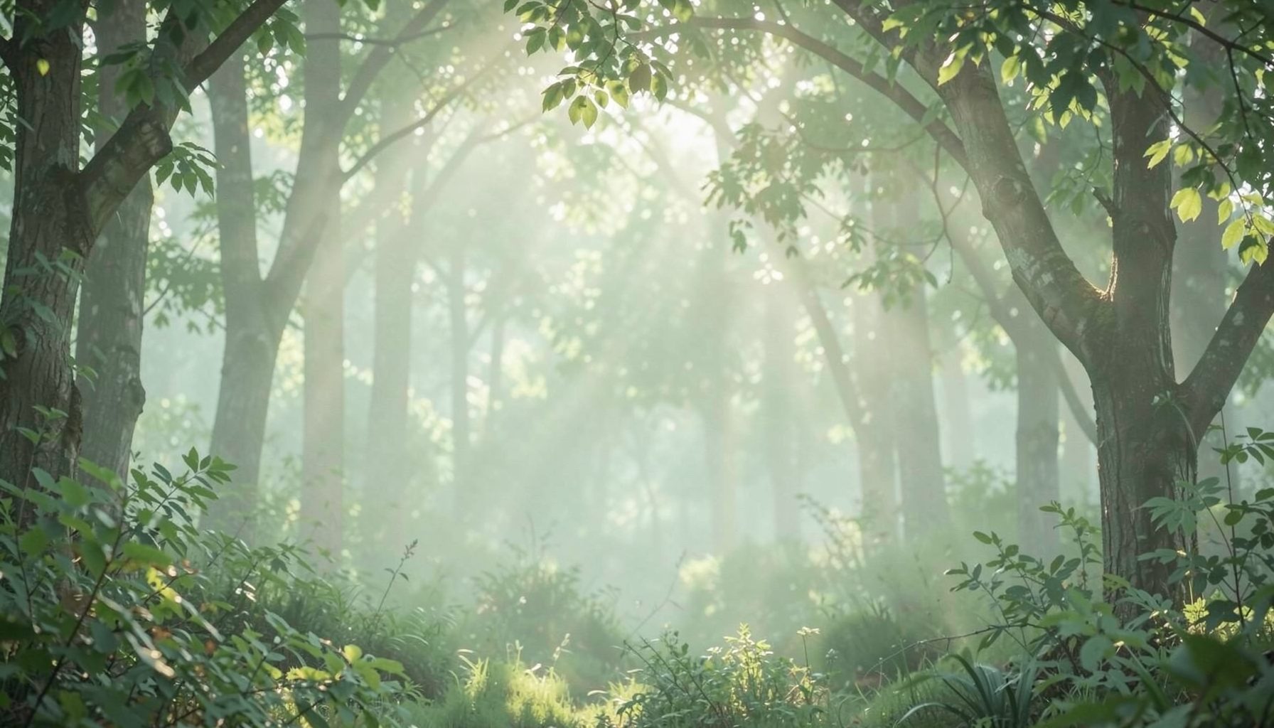 A serene nature-inspired wallpaper with soft green foliage and misty morning light filtering through trees