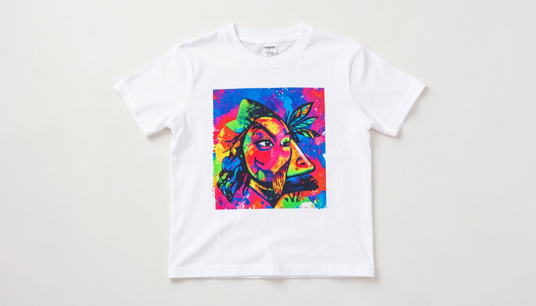 A white crewneck t-shirt with a vibrant graphic print, styled on a clean light surface
