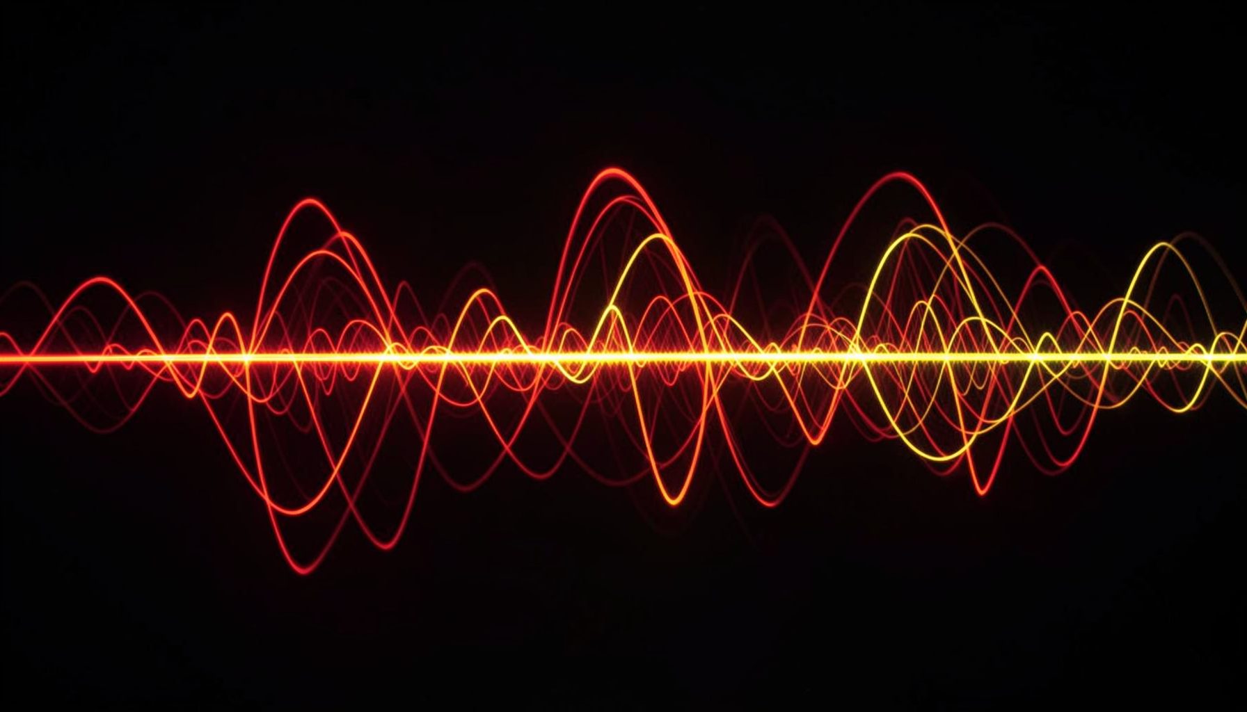 Abstract soundwave art in deep red and warm yellow tones, glowing lines pulsing across a dark charcoal background, evoking an energetic and bold musical mood