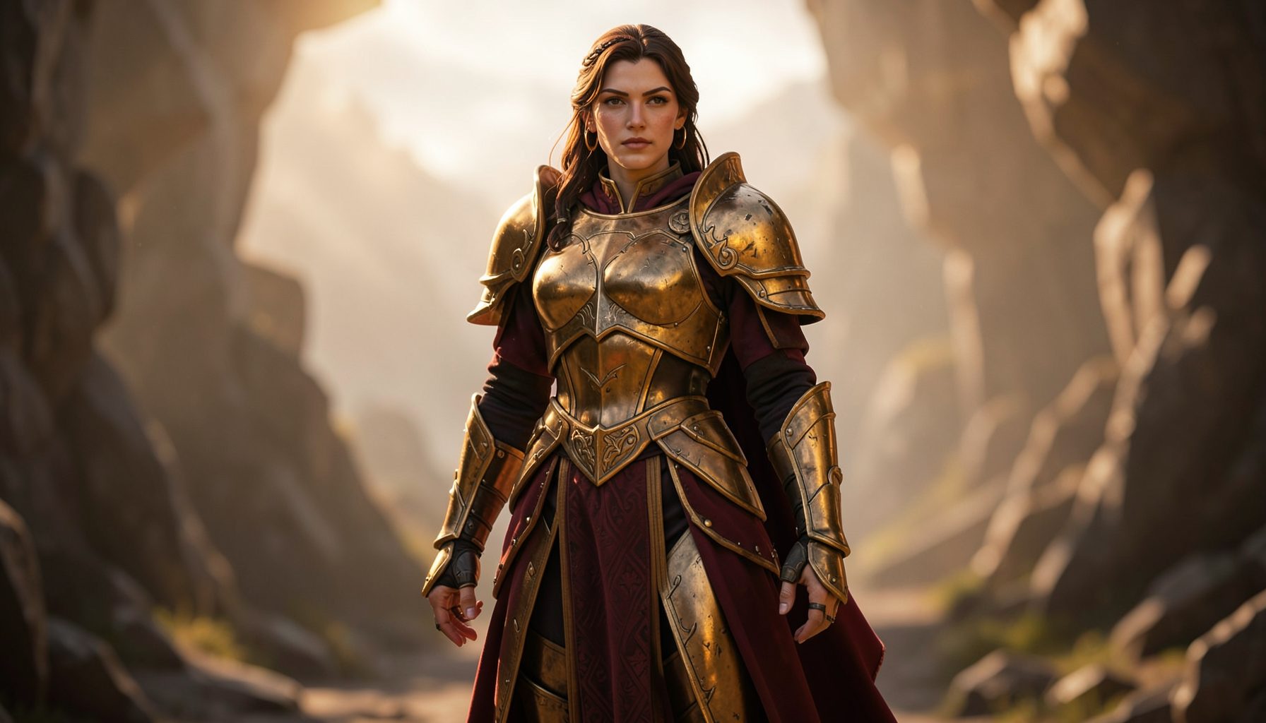 An armored female knight in warm bronze and deep crimson tones standing in soft morning light, evoking a bold and majestic fantasy mood