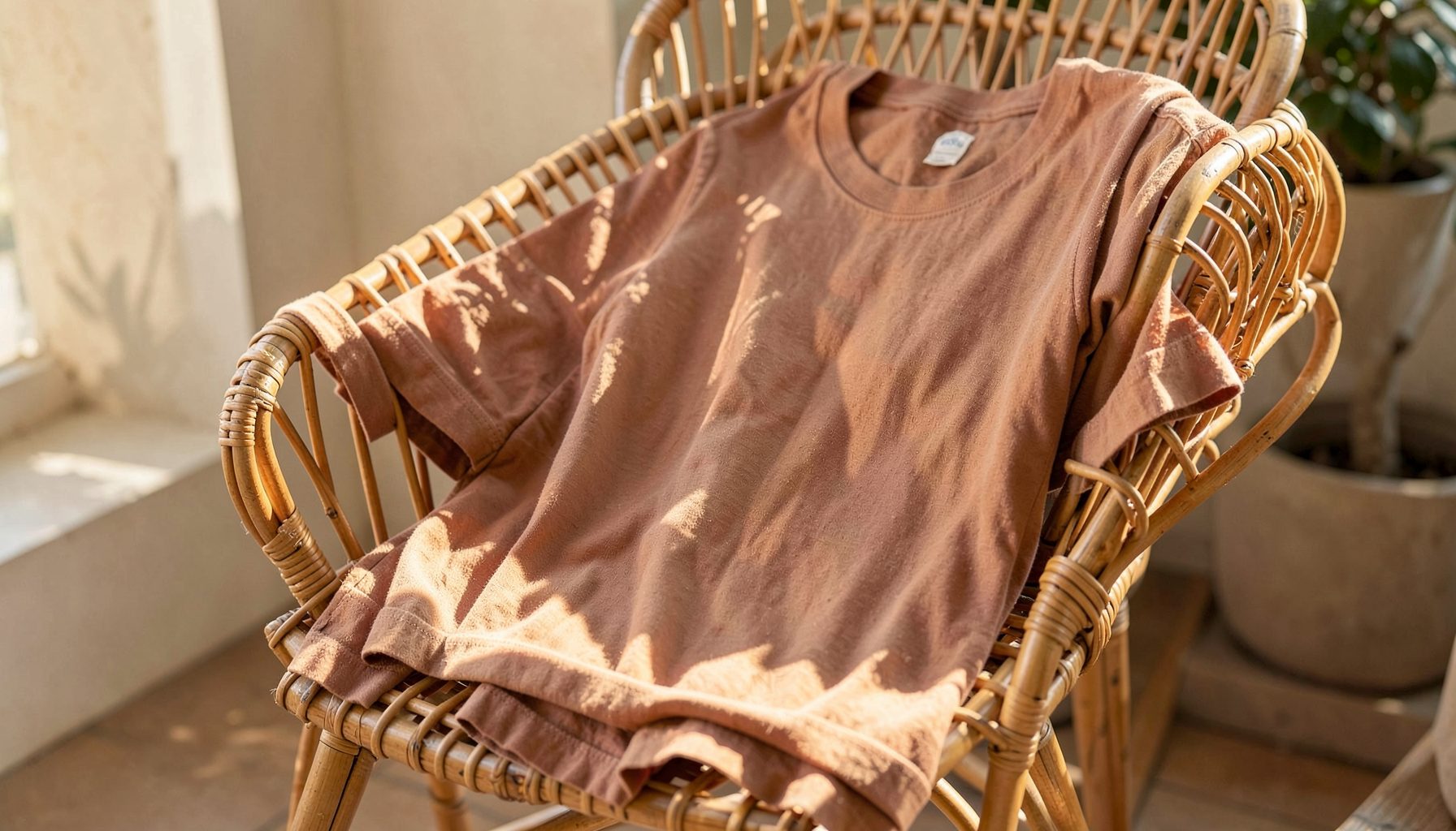 Lightweight cotton tees in warm earth tones, draped over a rattan chair in natural sunlight.