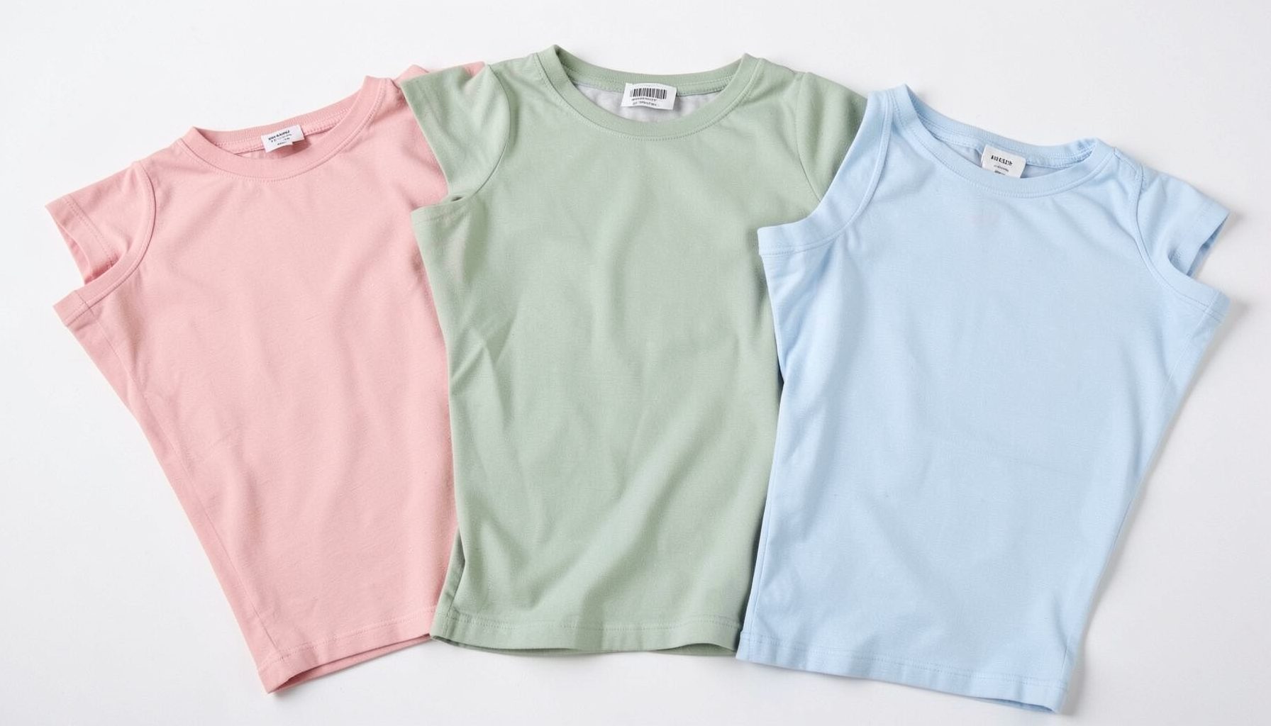 Soft pastel-toned apparel laid flat, featuring muted pink, sage green, and pale blue fabrics.